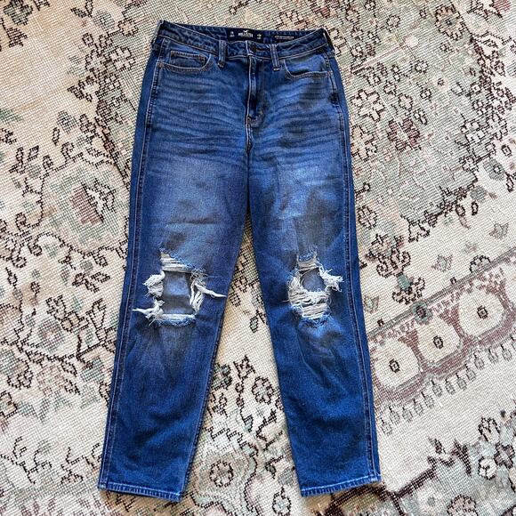 Hollister Ultra High Rise Mom Jeans 28 6 Medium Dark Wash Women's Distressed - Picture 2 of 5